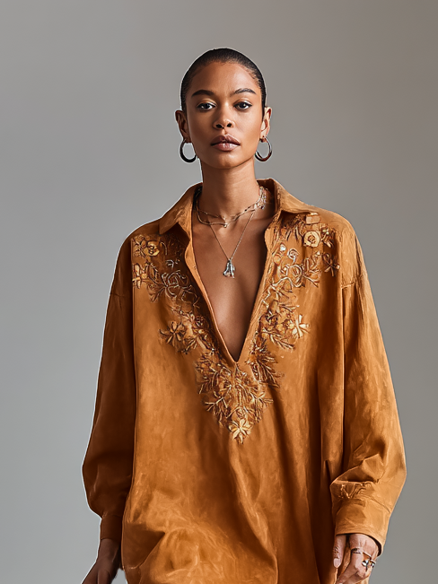 Wrenova | Women's Embroidered Oversized Mini Dress - Camel - Image 6