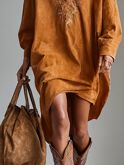 Wrenova | Women's Embroidered Oversized Mini Dress - Camel - Image 7