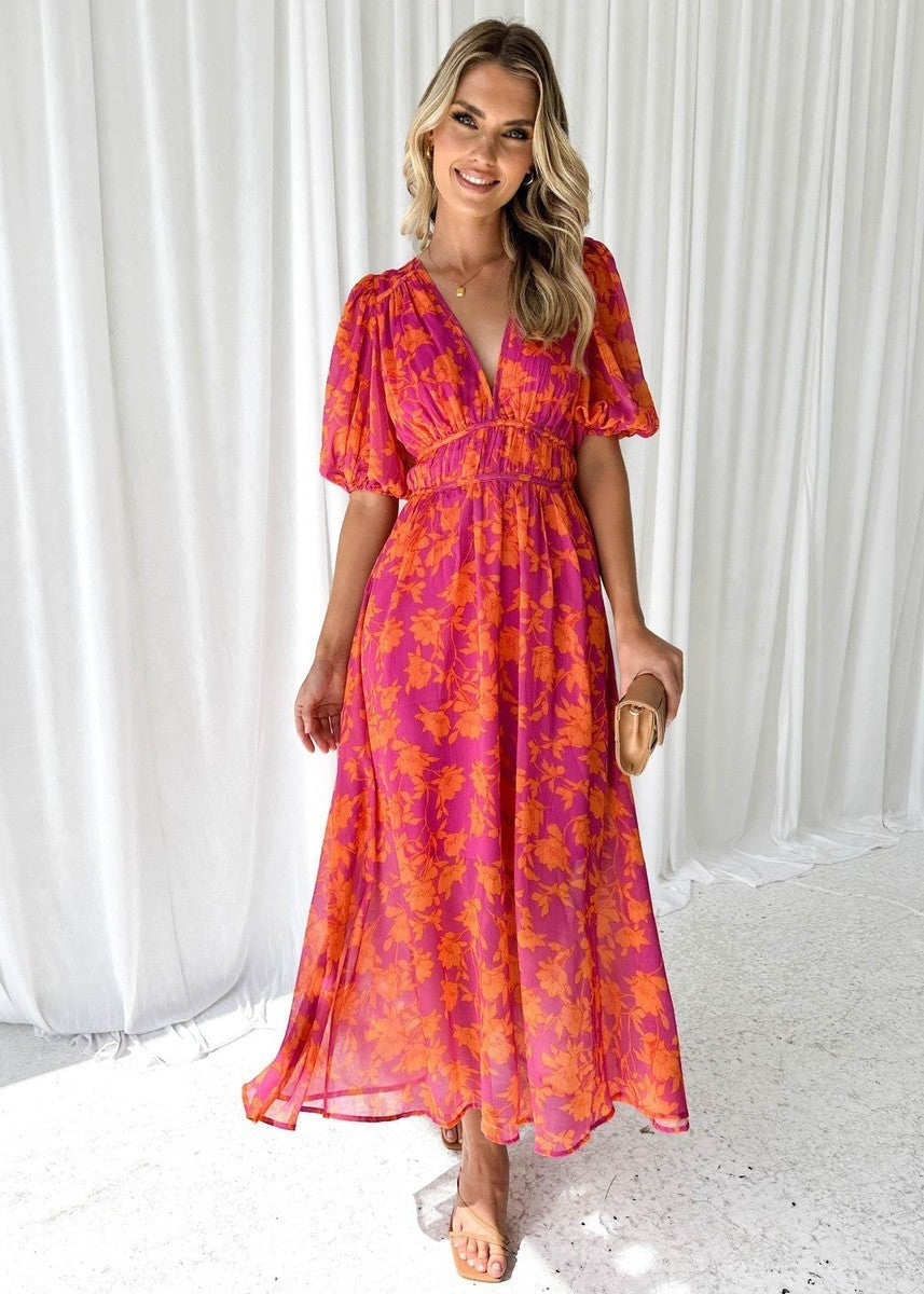 Wrenova | Women's Floral Summer Midi Dress - Hot Pink - Image 1