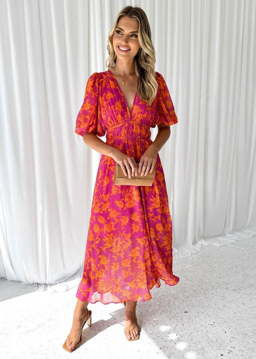 Wrenova | Women's Floral Summer Midi Dress - Hot Pink - Image 2