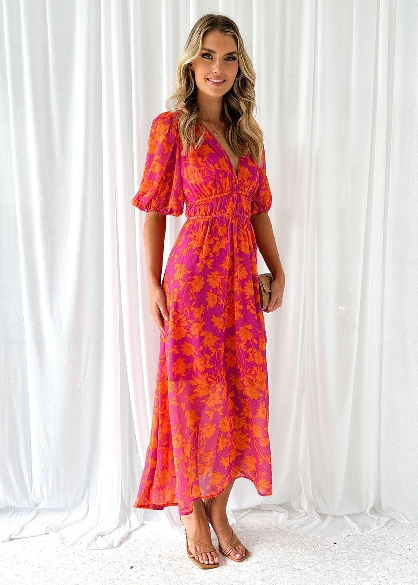 Wrenova | Women's Floral Summer Midi Dress - Hot Pink - Image 3