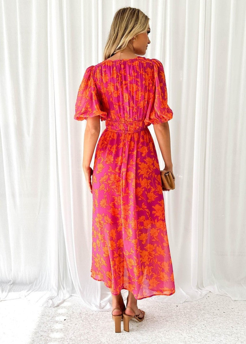 Wrenova | Women's Floral Summer Midi Dress - Hot Pink - Image 4