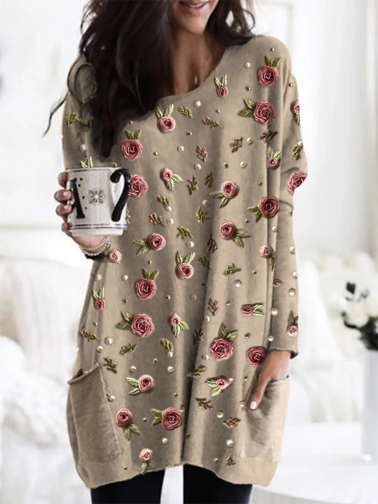 Wrenova | Women's Floral Tunic Top with Pockets - Taupe - Image 1