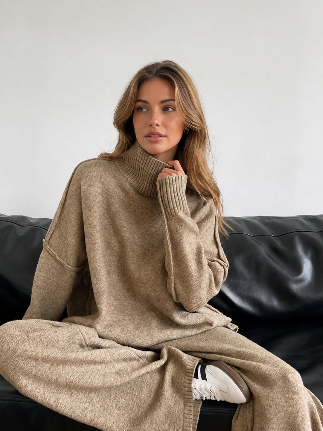 Wrenova | Women's Knit Turtleneck Two Piece Lounge Set - Taupe - Image 1
