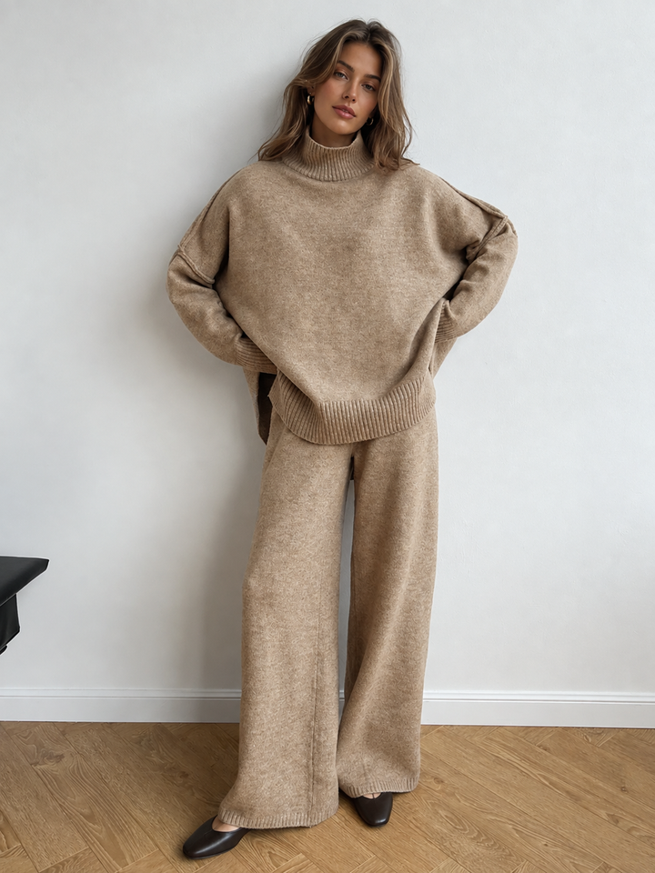Wrenova | Women's Knit Turtleneck Two Piece Lounge Set - Taupe - Image 2