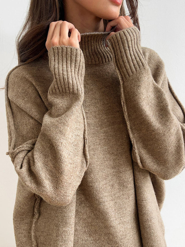 Wrenova | Women's Knit Turtleneck Two Piece Lounge Set - Taupe - Image 3
