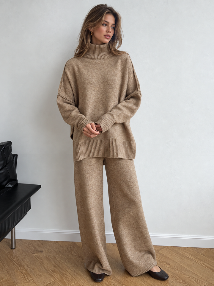 Wrenova | Women's Knit Turtleneck Two Piece Lounge Set - Taupe - Image 4