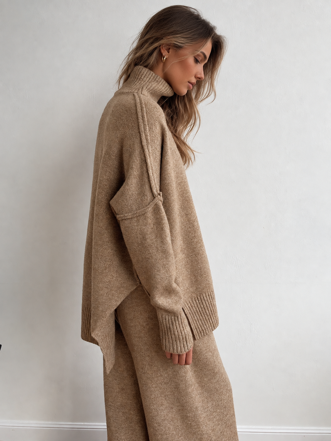 Wrenova | Women's Knit Turtleneck Two Piece Lounge Set - Taupe - Image 5