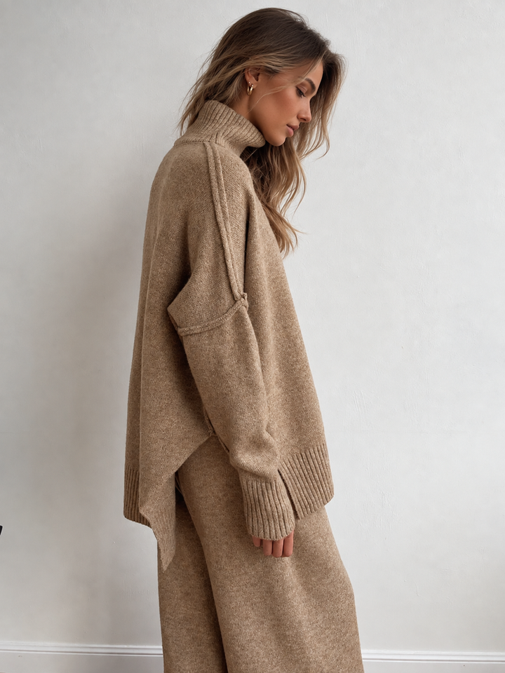 Wrenova | Women's Knit Turtleneck Two Piece Lounge Set - Taupe - Image 5