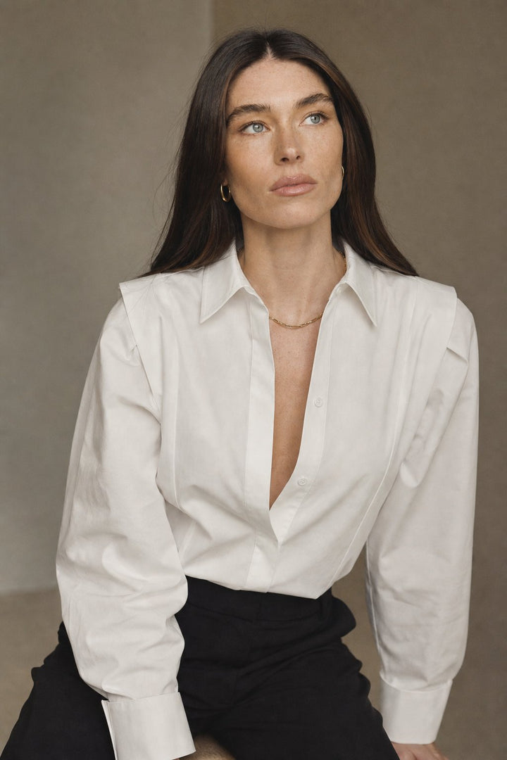 Wrenova | Women's Long Sleeve Collared Button-Up Blouse - White - Image 1