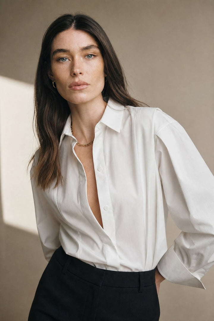 Wrenova | Women's Long Sleeve Collared Button-Up Blouse - White - Image 2