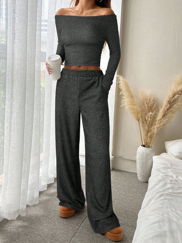 Wrenova | Women's Ribbed Two Piece Lounge Set - Light Grey - Image 11
