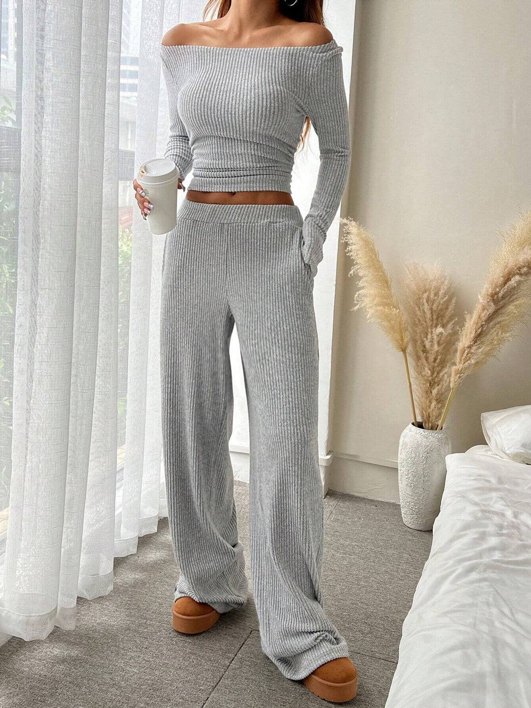 Wrenova | Women's Ribbed Two Piece Lounge Set - Light Grey - Image 2