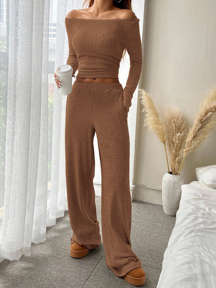 Wrenova | Women's Ribbed Two Piece Lounge Set - Light Grey - Image 6