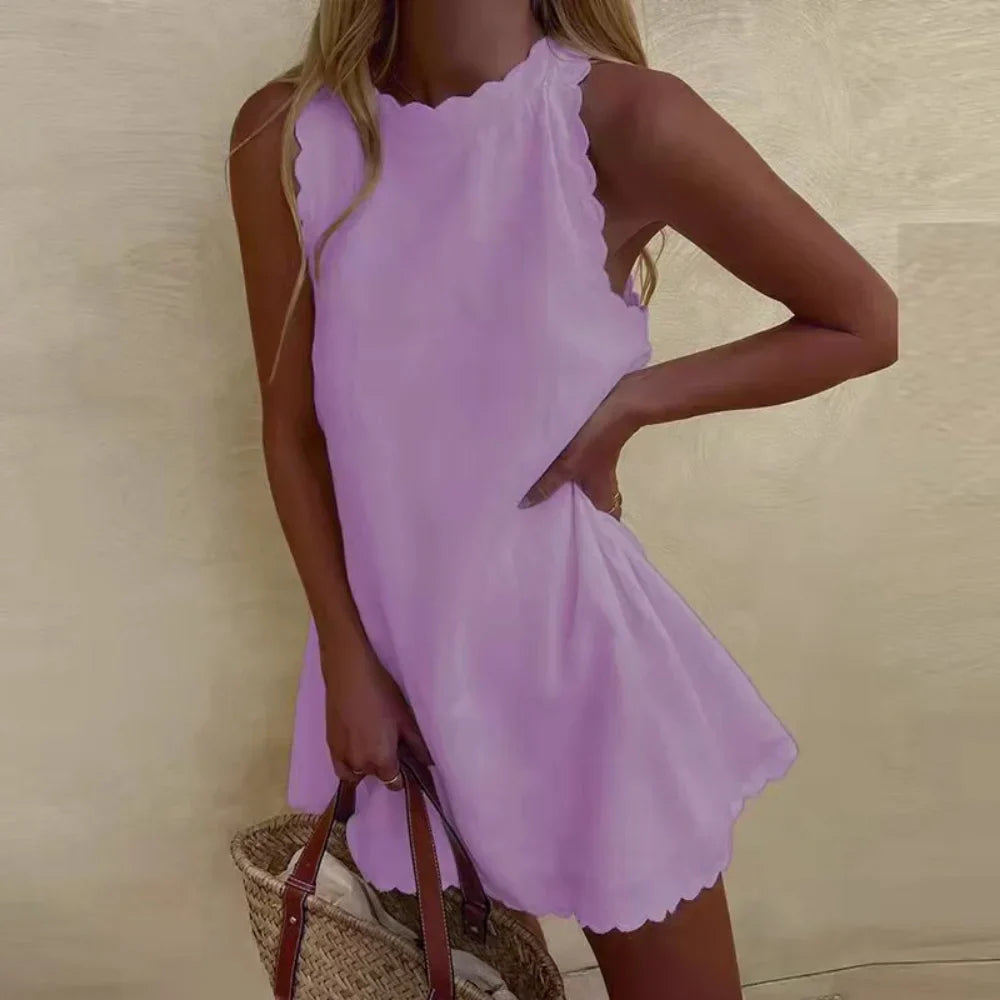 Wrenova | Women's Scalloped Edge Mini Sundress - Light Blue - Image 6