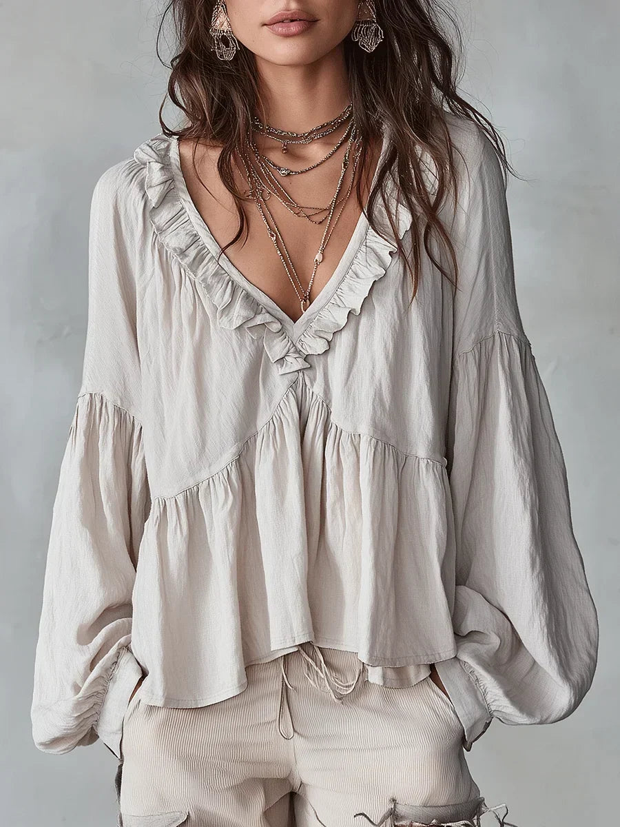 Wyndara | Women's Boho Blouse Ruffle V-Neck Top - Image 1