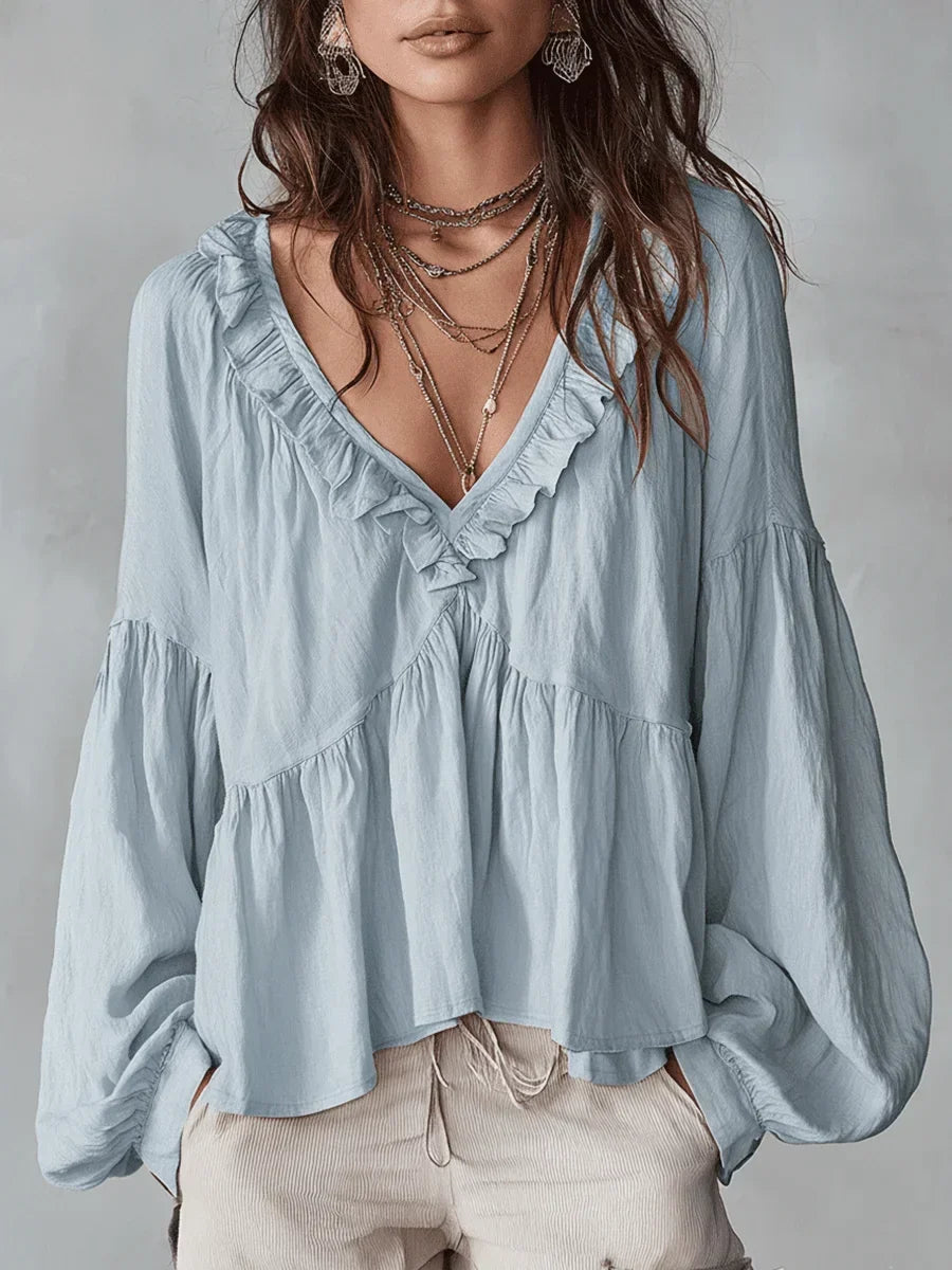Wyndara | Women's Boho Blouse Ruffle V-Neck Top - Image 2