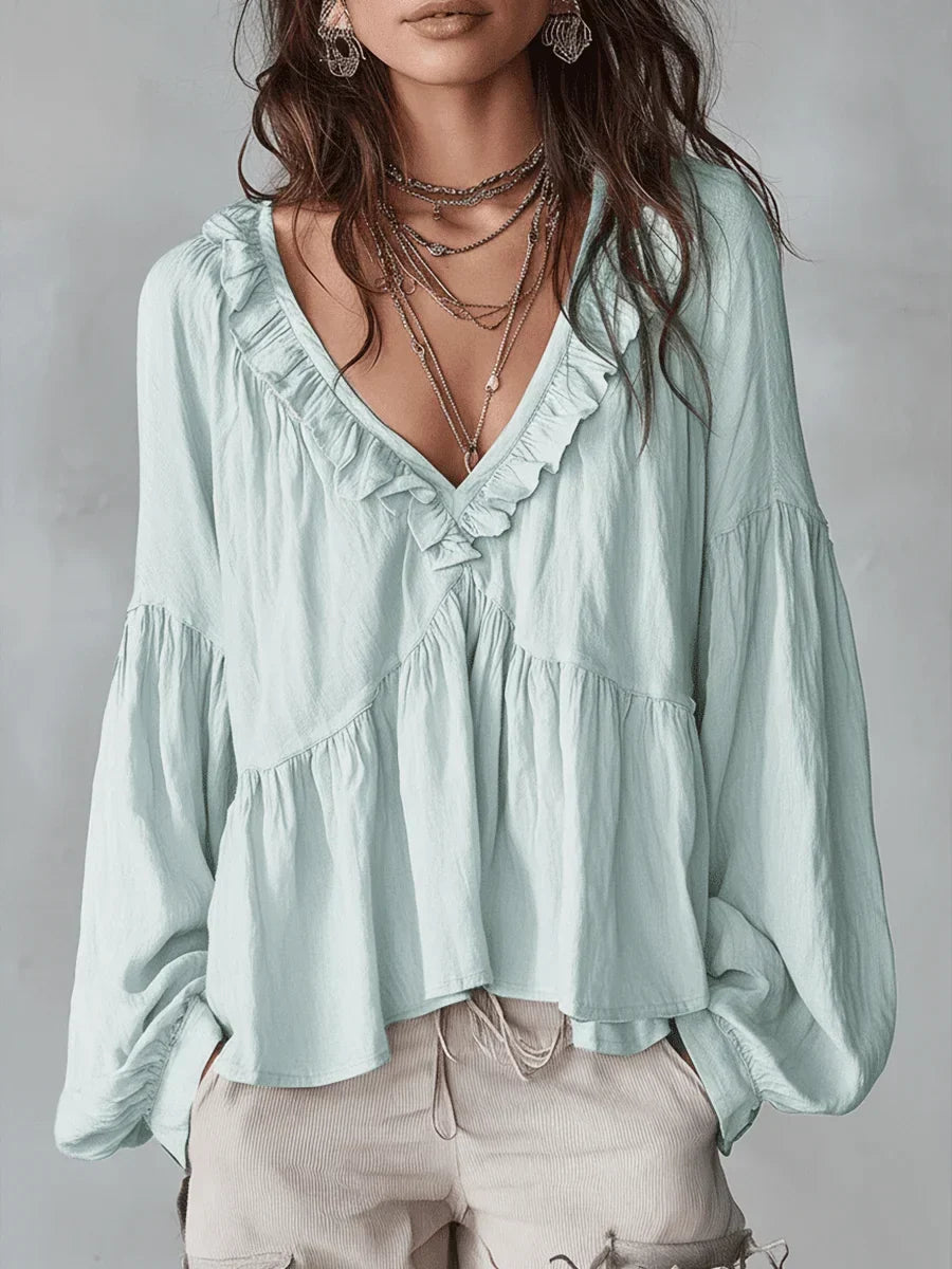 Wyndara | Women's Boho Blouse Ruffle V-Neck Top - Image 3