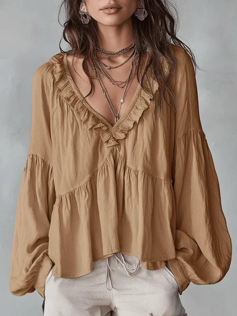 Wyndara | Women's Boho Blouse Ruffle V-Neck Top - Image 4