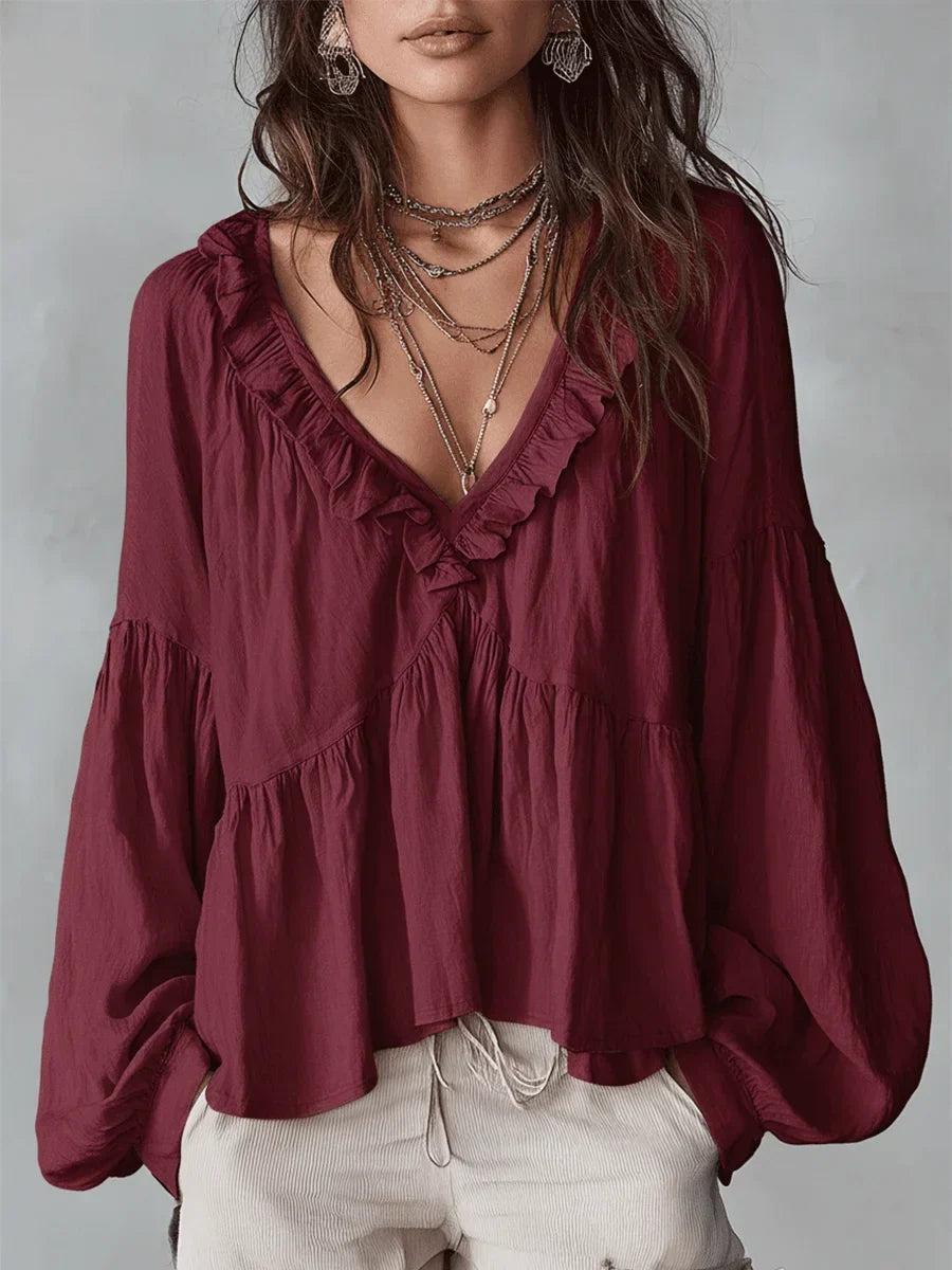 Wyndara | Women's Boho Blouse Ruffle V-Neck Top - Image 5