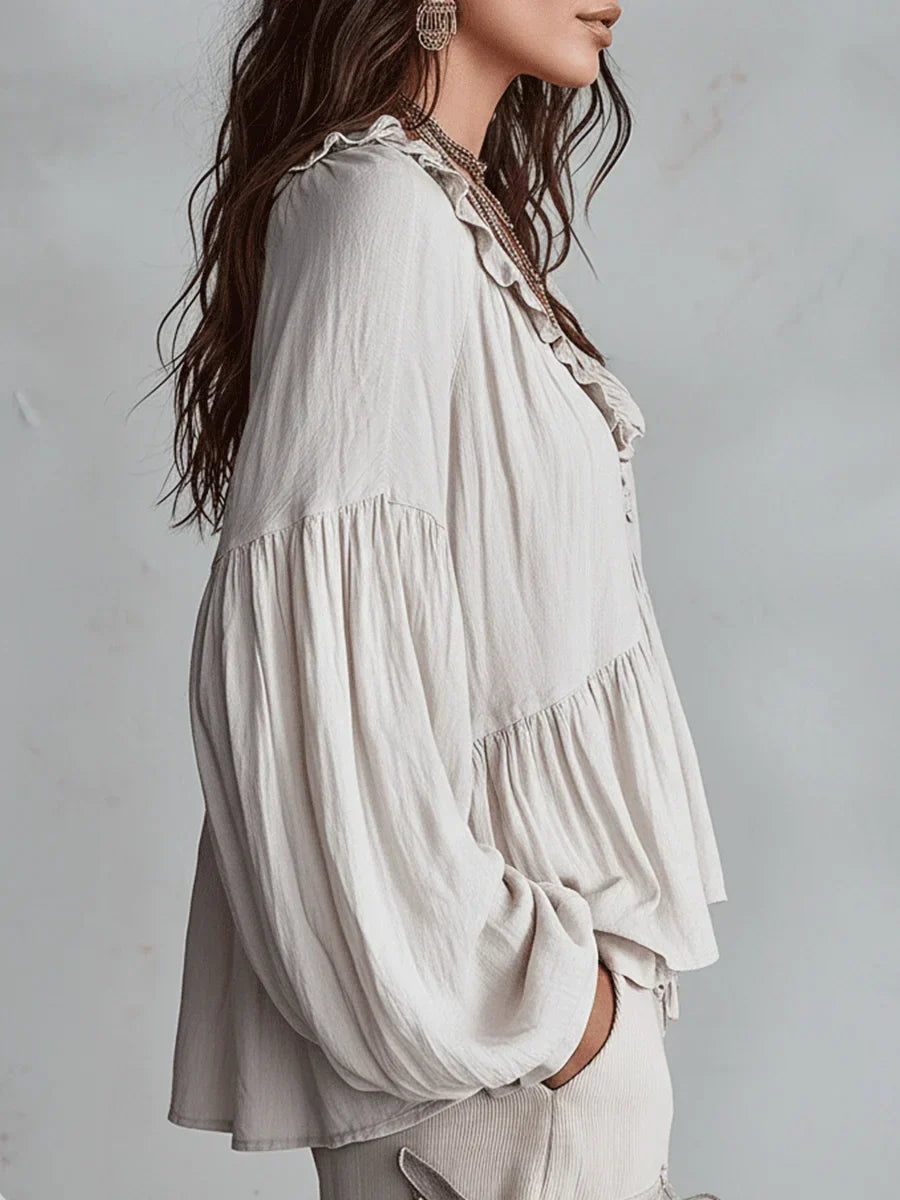Wyndara | Women's Boho Blouse Ruffle V-Neck Top - Image 6