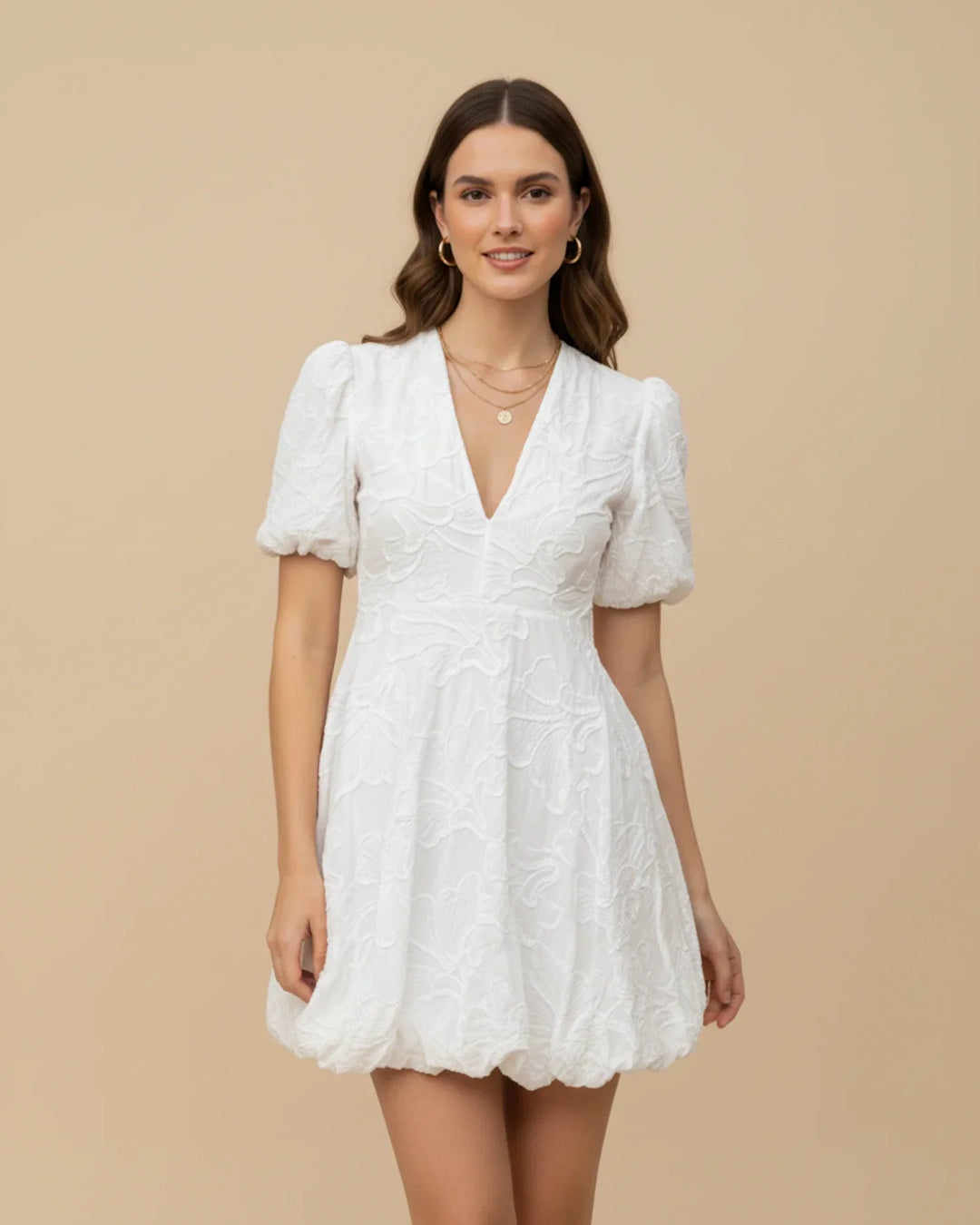 Wyndara | Women's Mini Dress Puff Sleeve - White - Image 1