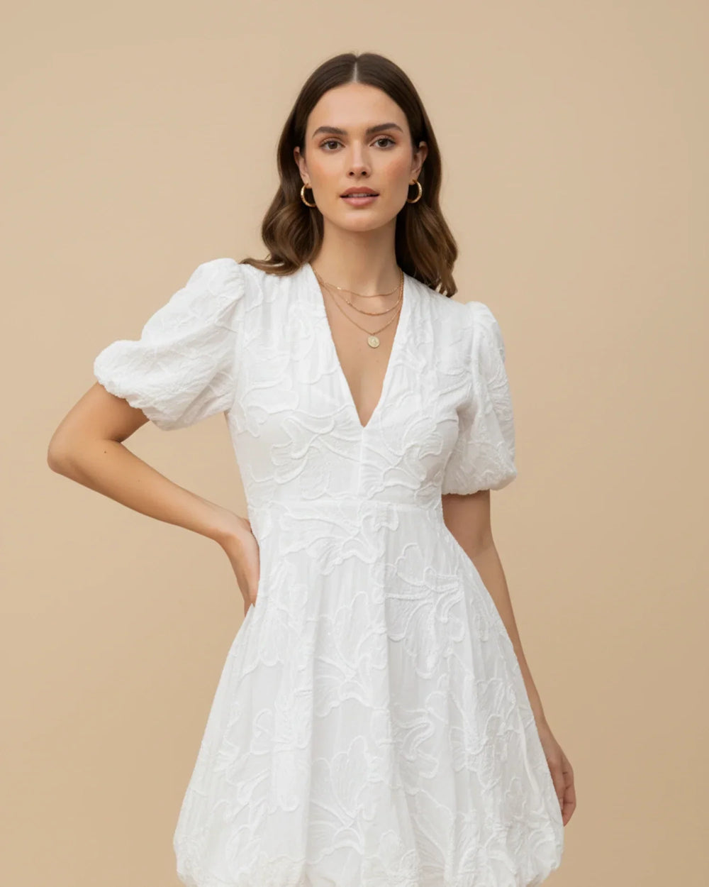 Wyndara | Women's Mini Dress Puff Sleeve - White - Image 2