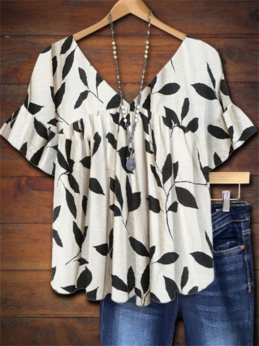 Wynona | Women's Leaf Print V Neck Blouse - White - Image 1