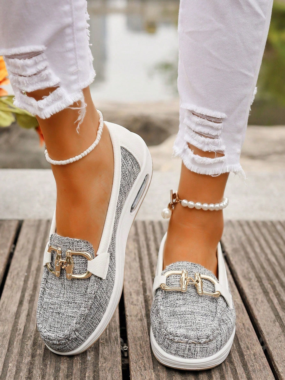 Xandra | Women's Buckle Detail Loafers - Beige - Image 10