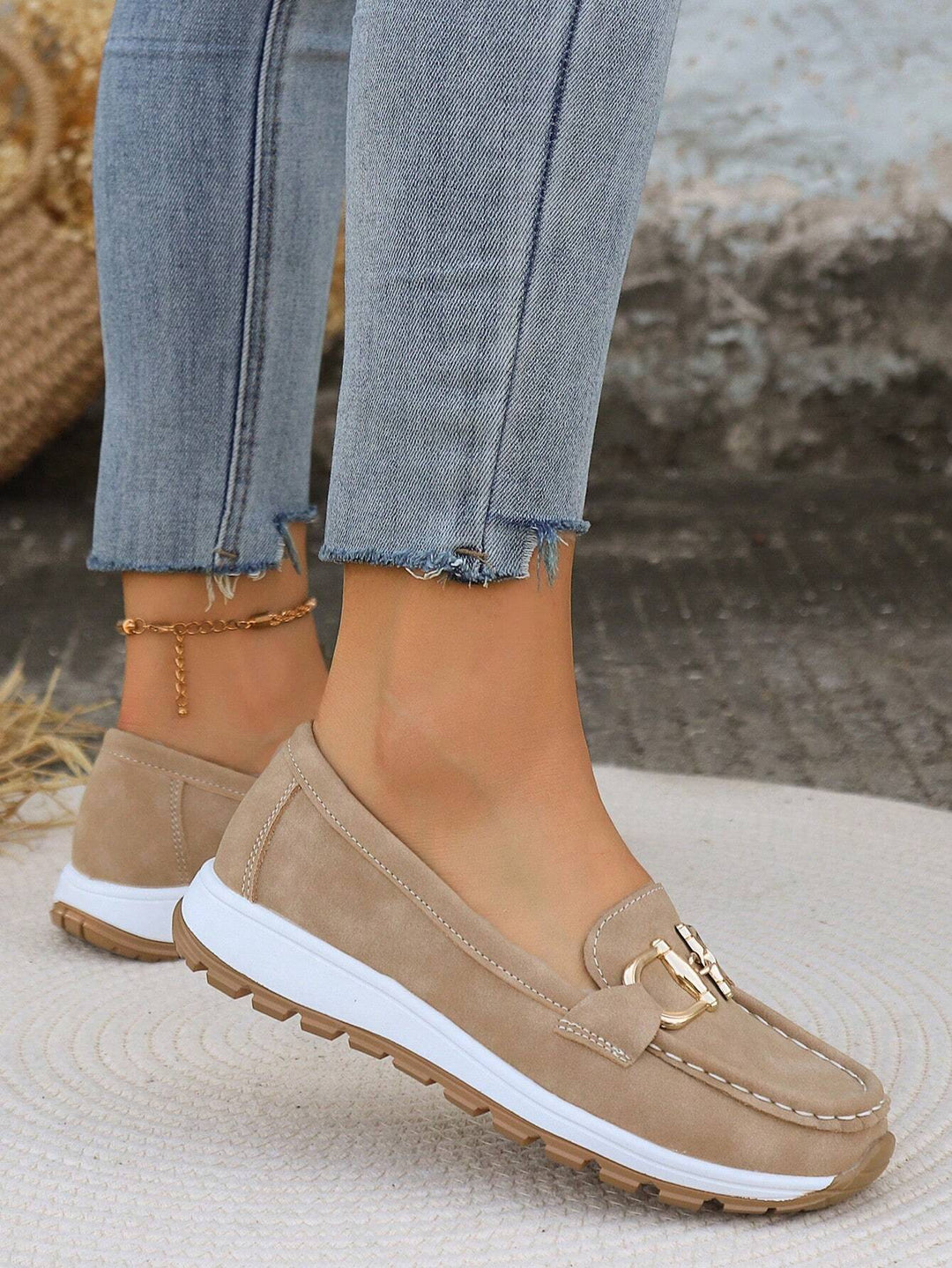 Xandra | Women's Buckle Detail Loafers - Beige - Image 4