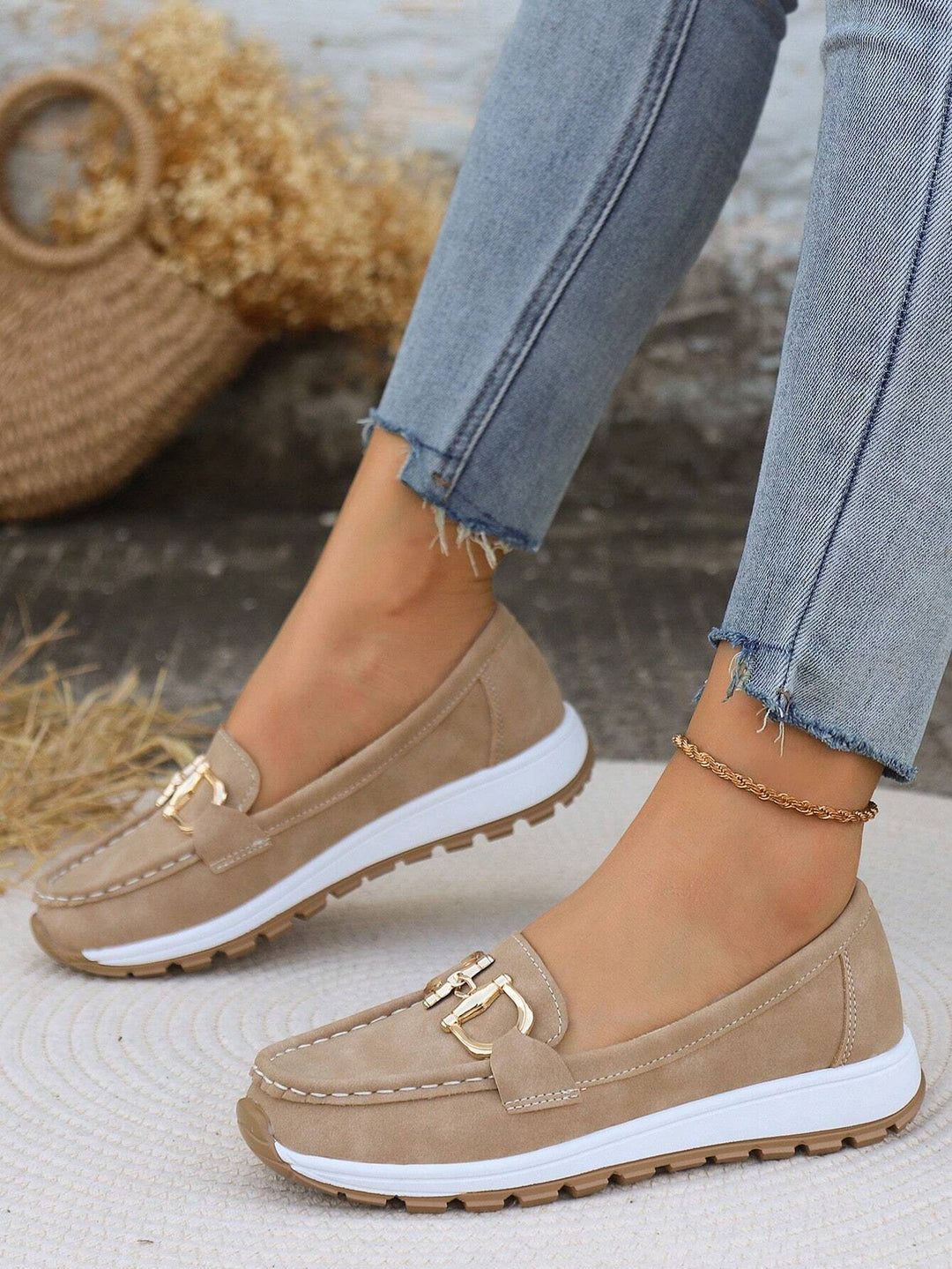 Xandra | Women's Buckle Detail Loafers - Beige - Image 6