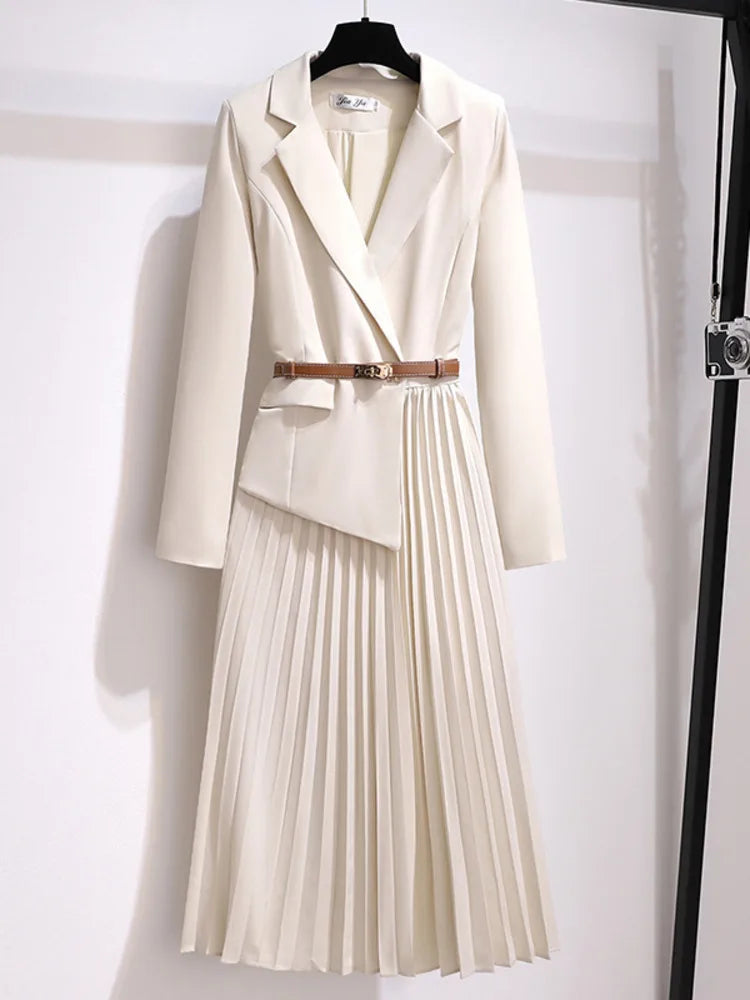 Xanthe | Women's Pleated Belted Long Sleeve Midi Dress - Beige - Image 2