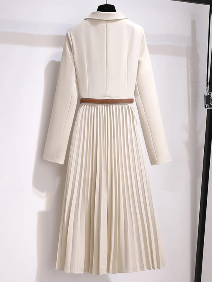Xanthe | Women's Pleated Belted Long Sleeve Midi Dress - Beige - Image 3