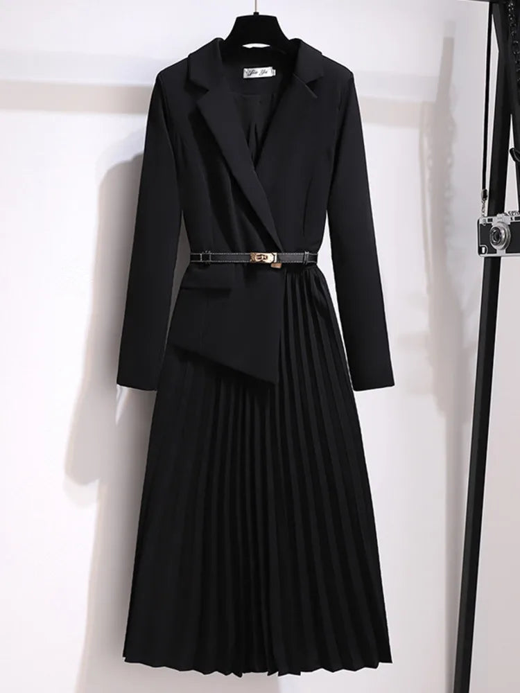 Xanthe | Women's Pleated Belted Long Sleeve Midi Dress - Beige - Image 4