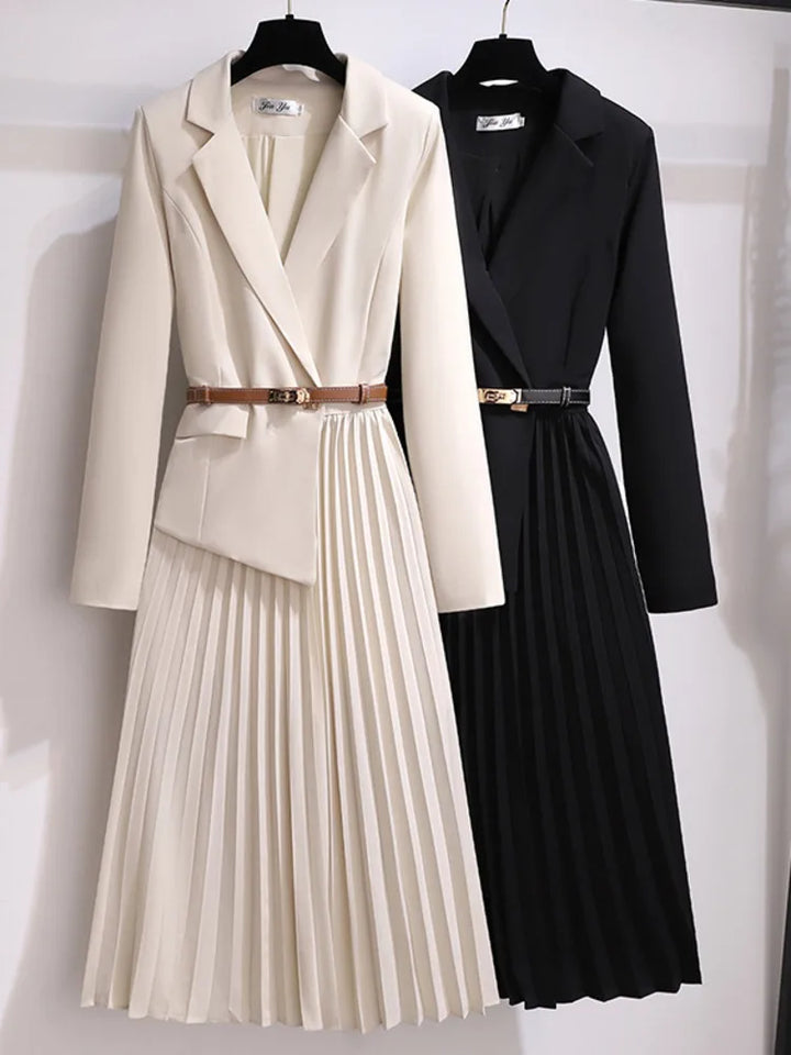 Xanthe | Women's Pleated Belted Long Sleeve Midi Dress - Beige - Image 5
