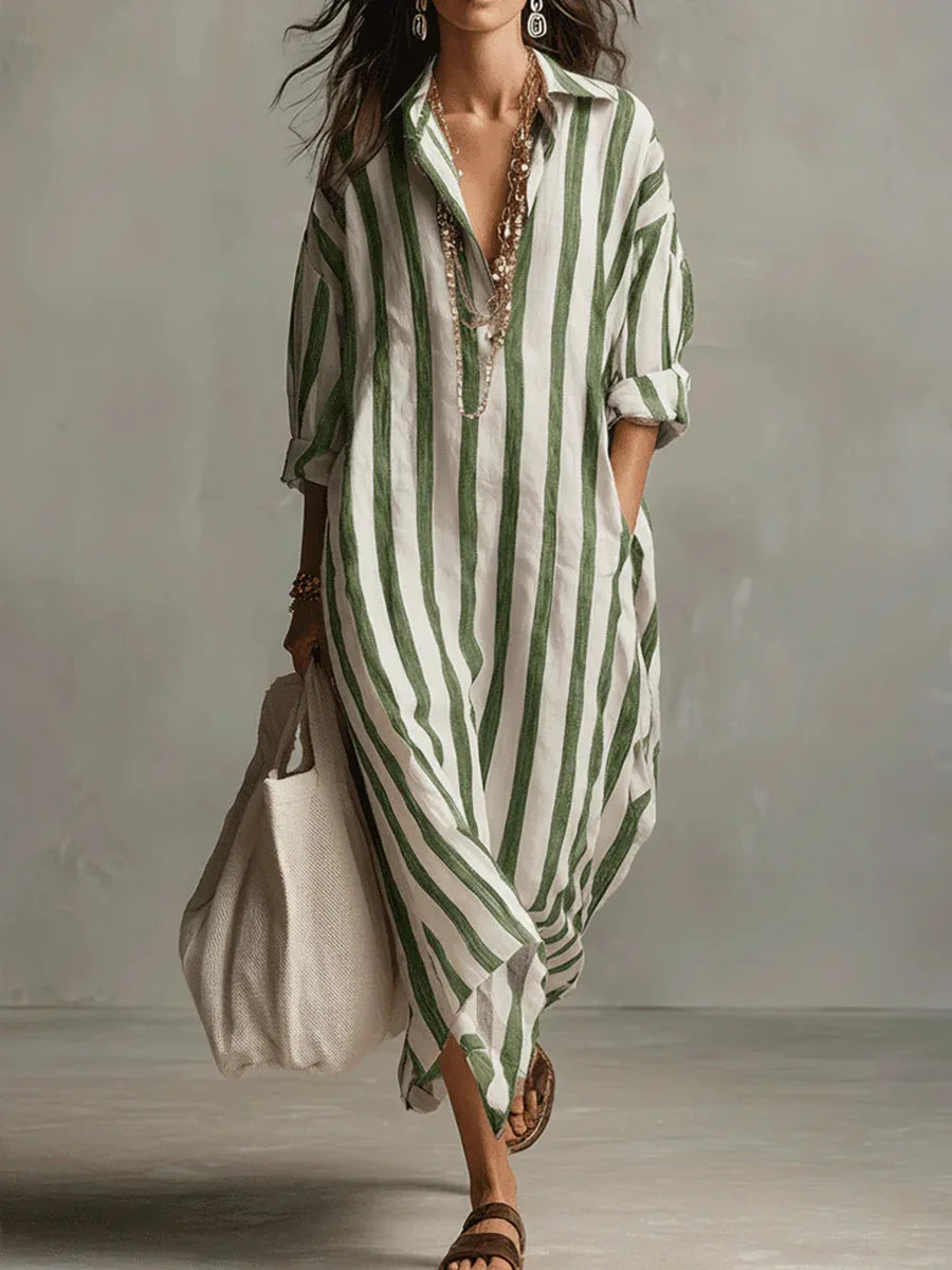 Xara | Women's Striped Collared Maxi Shirt Dress - Striped - Image 5