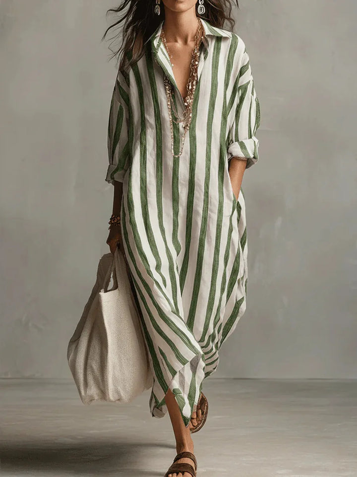 Xara | Women's Striped Collared Maxi Shirt Dress - Striped - Image 5