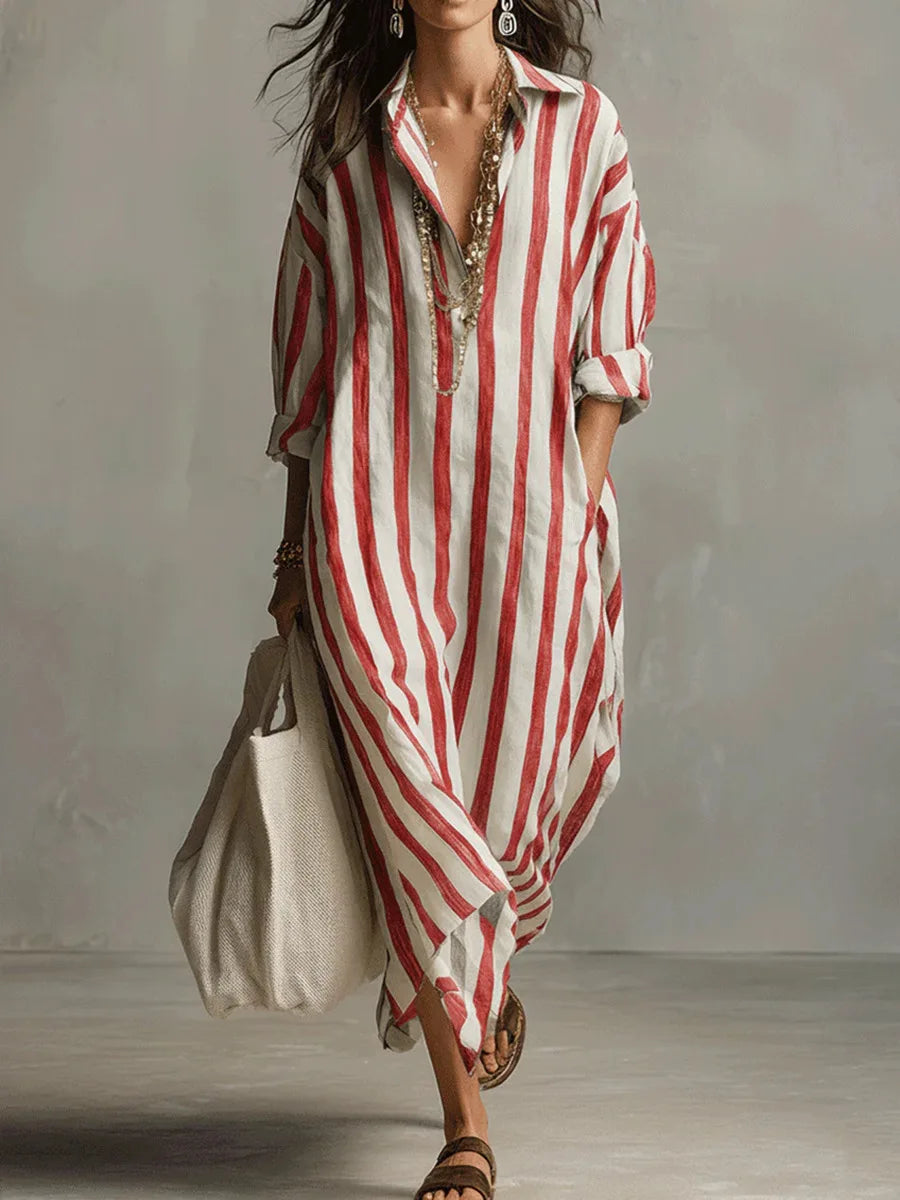 Xara | Women's Striped Collared Maxi Shirt Dress - Striped - Image 6