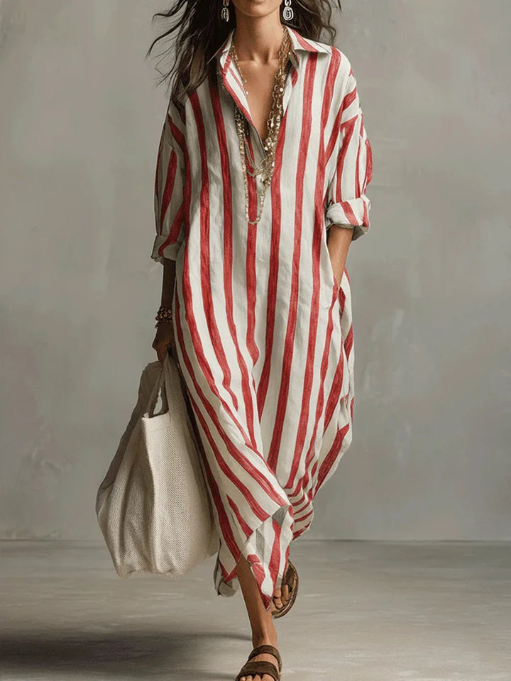 Xara | Women's Striped Collared Maxi Shirt Dress - Striped - Image 6
