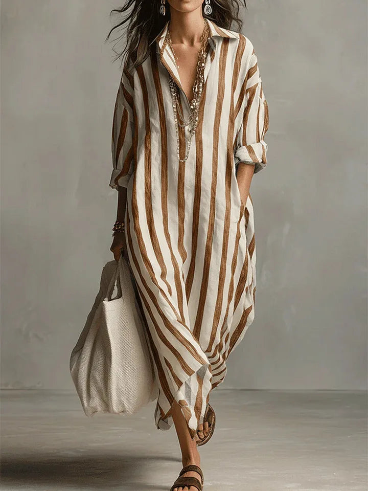 Xara | Women's Striped Collared Maxi Shirt Dress - Striped - Image 7