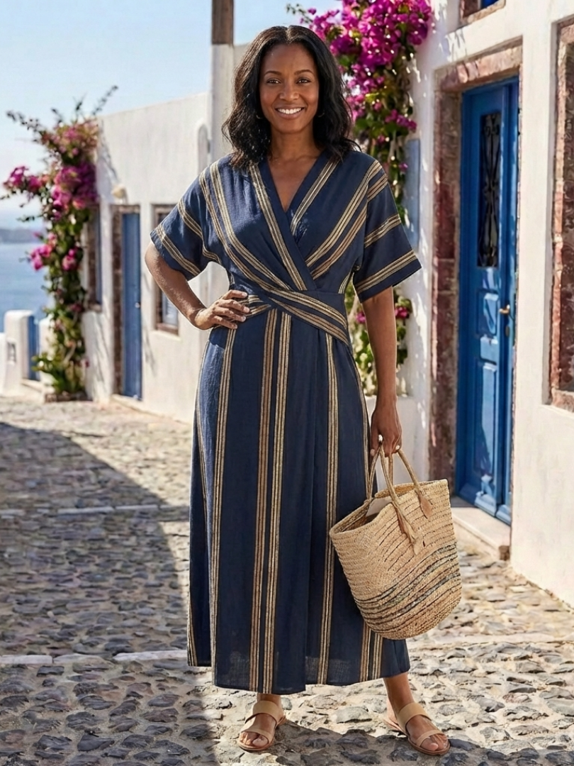 Ximena | Women's Striped V-Neck Short Sleeve Wrap Midi Dress - Striped - Image 3