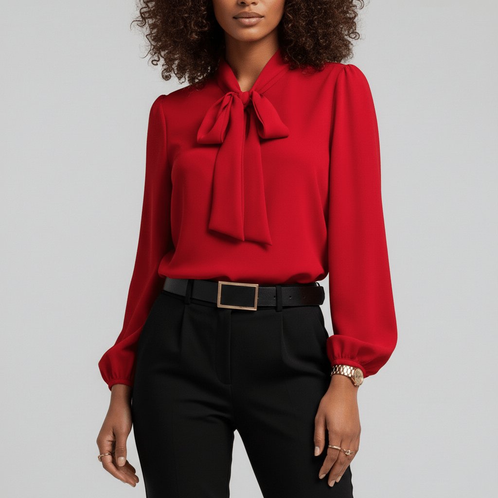 Yvette | Women's Tie Neck Puff Sleeve Blouse - Red - Image 1