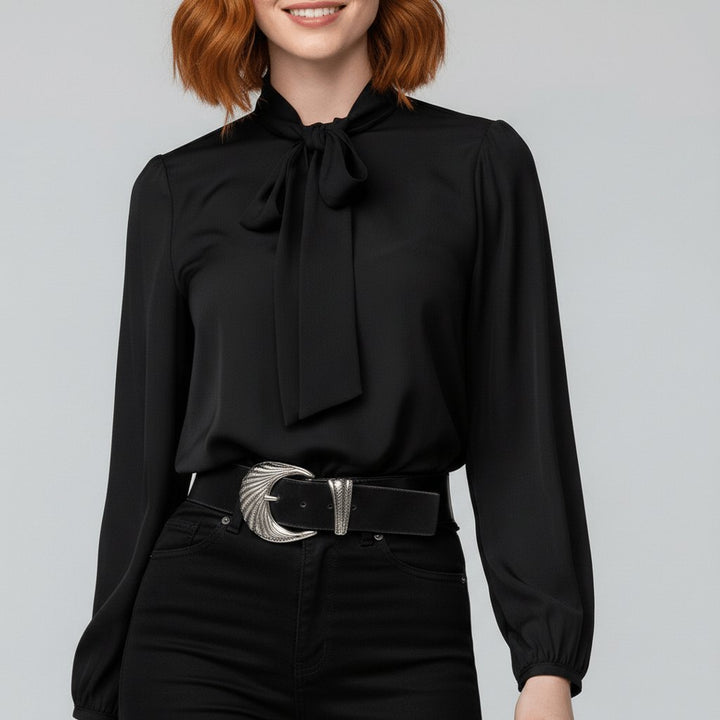 Yvette | Women's Tie Neck Puff Sleeve Blouse - Red - Image 10