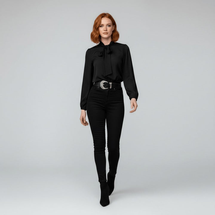 Yvette | Women's Tie Neck Puff Sleeve Blouse - Red - Image 11