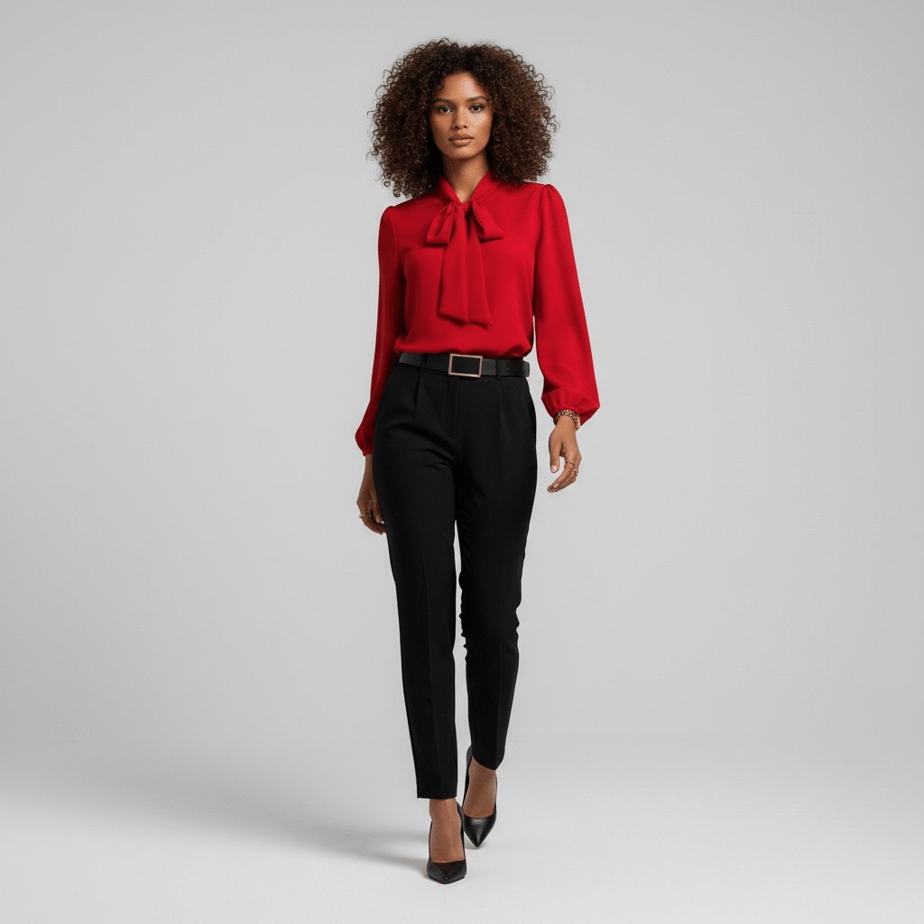 Yvette | Women's Tie Neck Puff Sleeve Blouse - Red - Image 2
