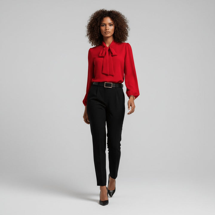 Yvette | Women's Tie Neck Puff Sleeve Blouse - Red - Image 2