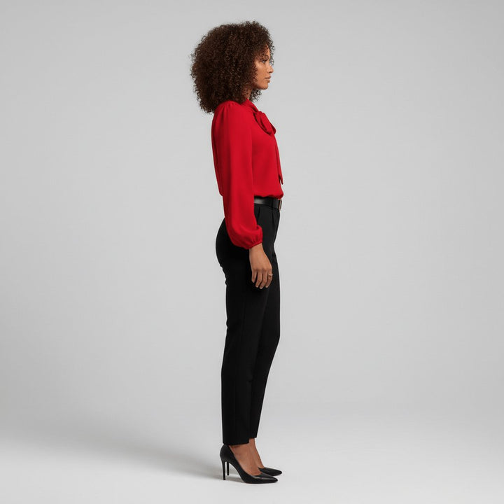Yvette | Women's Tie Neck Puff Sleeve Blouse - Red - Image 3