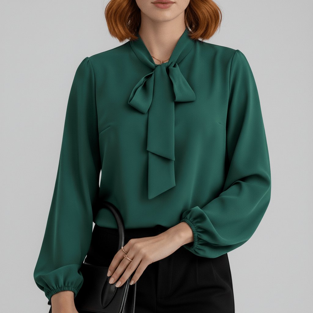 Yvette | Women's Tie Neck Puff Sleeve Blouse - Red - Image 4