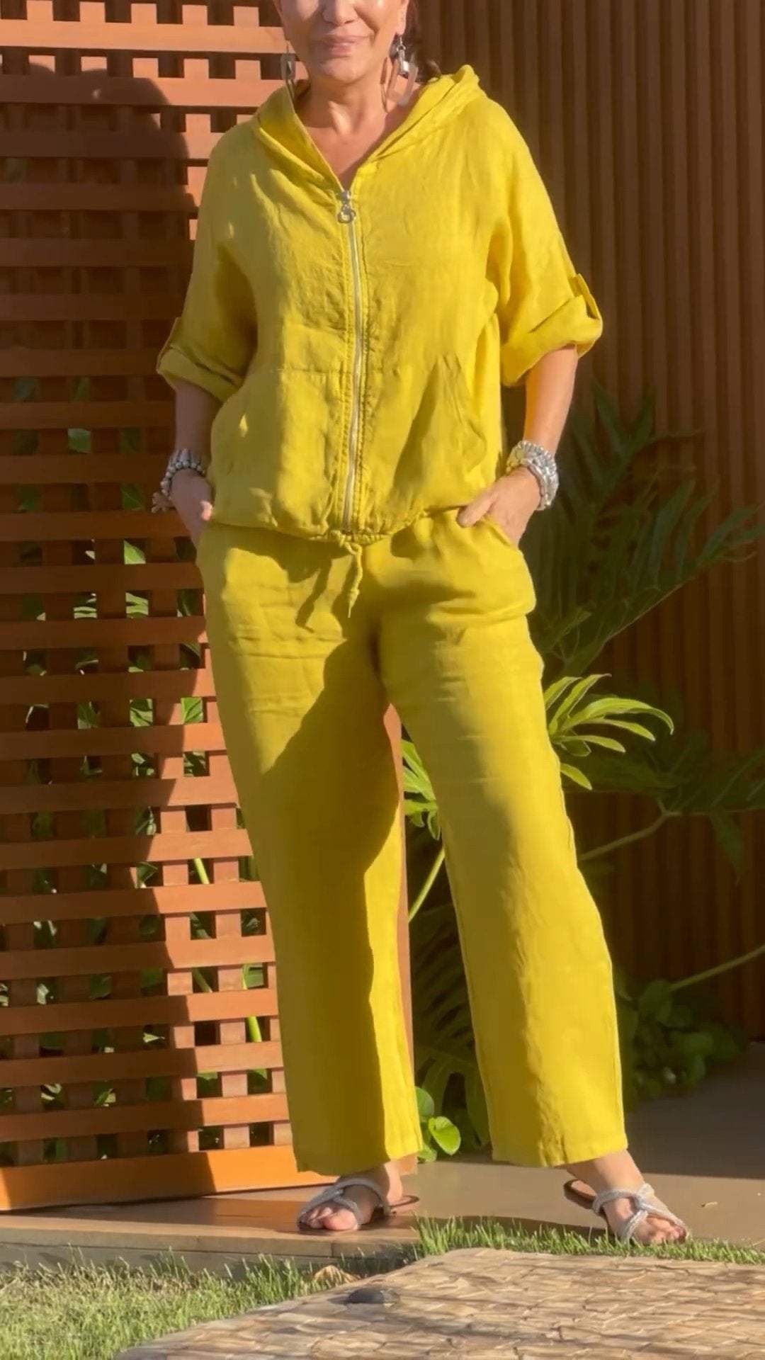 Zarvelle | Women's Linen Two Piece Set Hooded & Pants - Yellow - Image 1