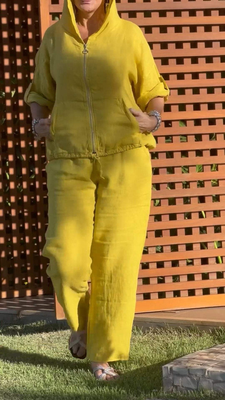 Zarvelle | Women's Linen Two Piece Set Hooded & Pants - Yellow - Image 2